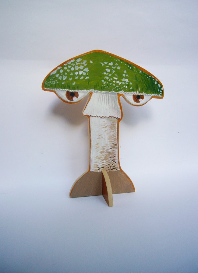 Hand painted wooden sculpture -- Green Mushroom with Eyes