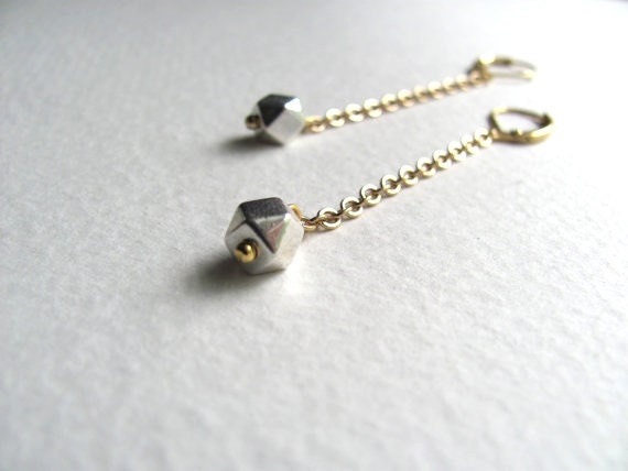 ON SALE: Geometric mixed metal drop earrings, antiqued gold chain and silver faceted bead