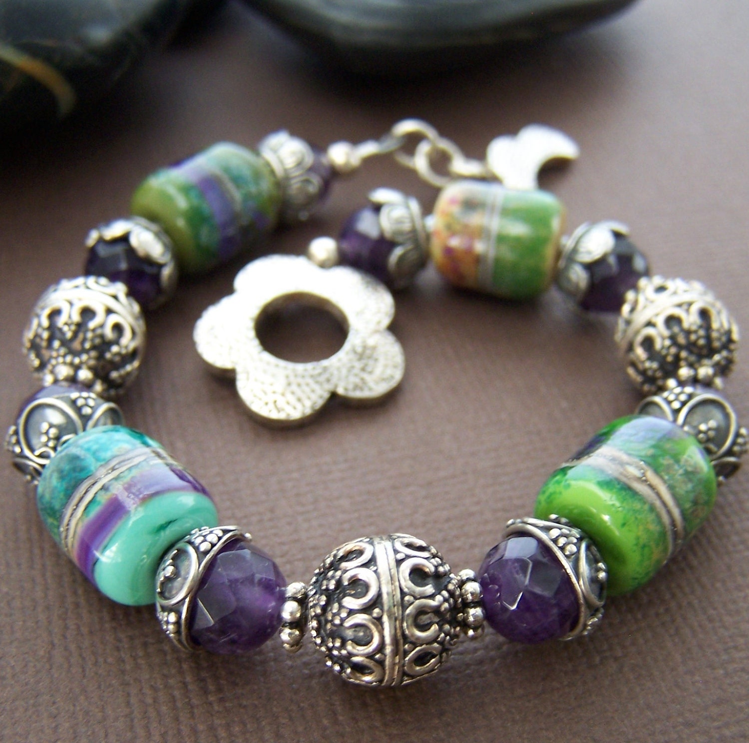 Katy Beaded Bracelet - Artisan Lampwork Glass Bead with Amethyst and Sterling Silver