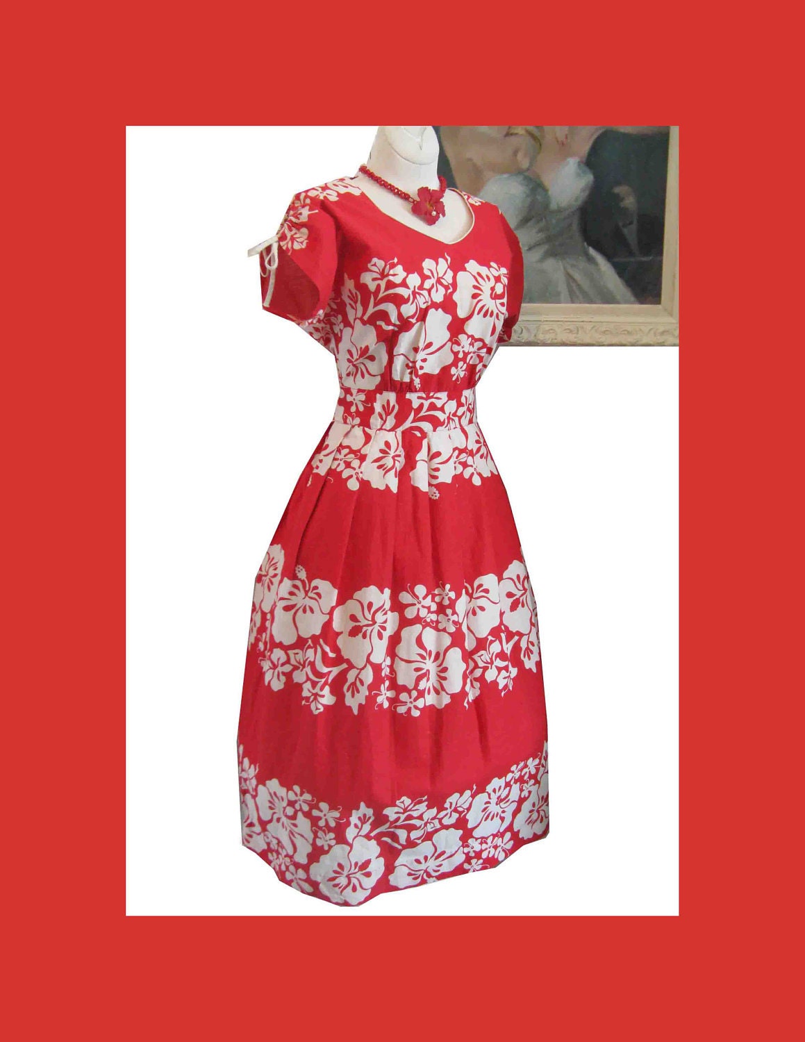 Vintage Hawaiian Novelty Print Forties Red 1950's Hibiscus Cotton Dress