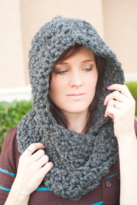 Gray hooded scarf, chunky, scarf, gray, chunky scarf, gray scarf, charcoal, winter, spring, scoodie