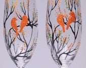 Hand painted Wedding Toasting Flutes Set of 2 Personalized Champagne glasses Trees and golden orange birds