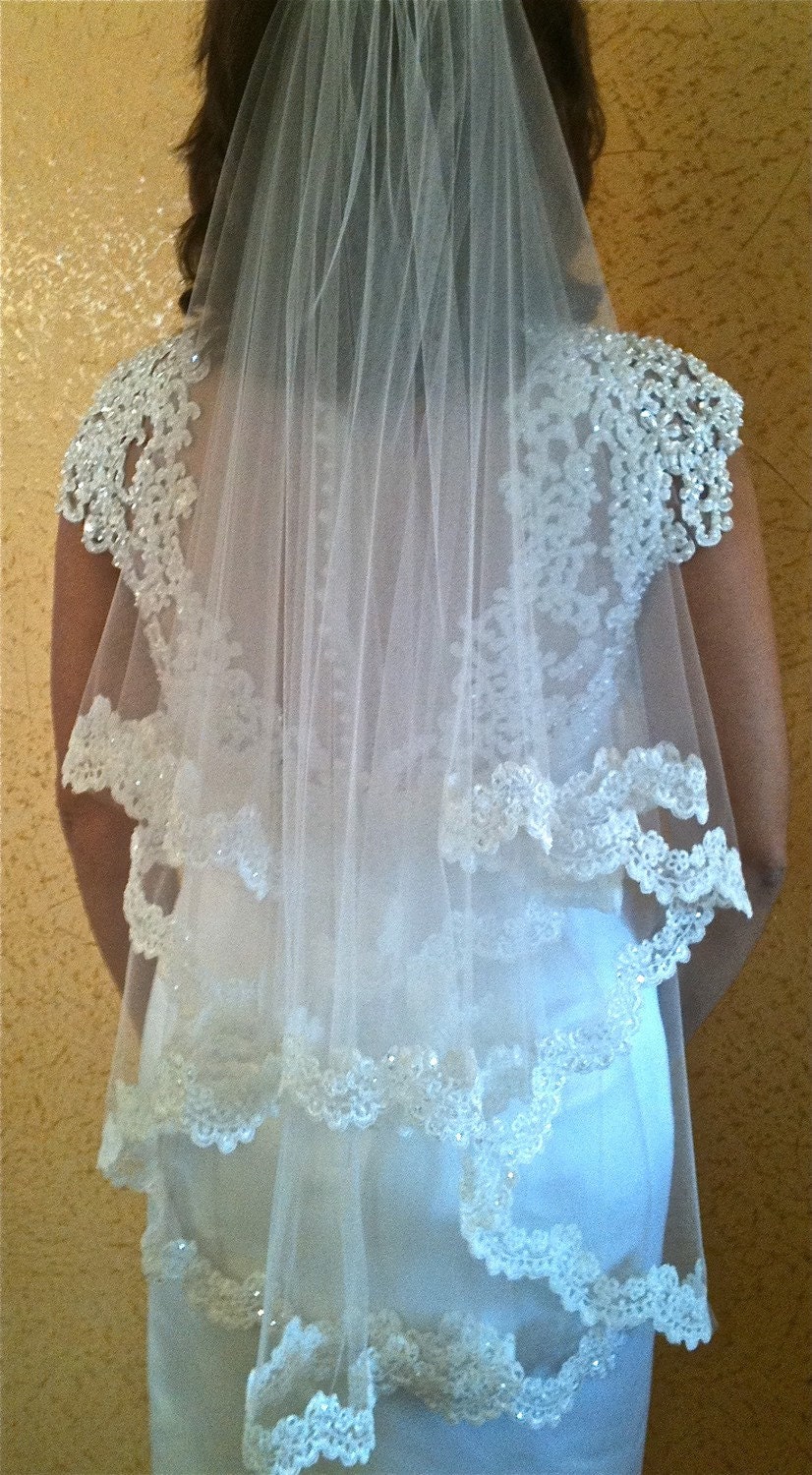 Two tier veil - white or light ivory with beaded scalloped lace edge, fingertip length