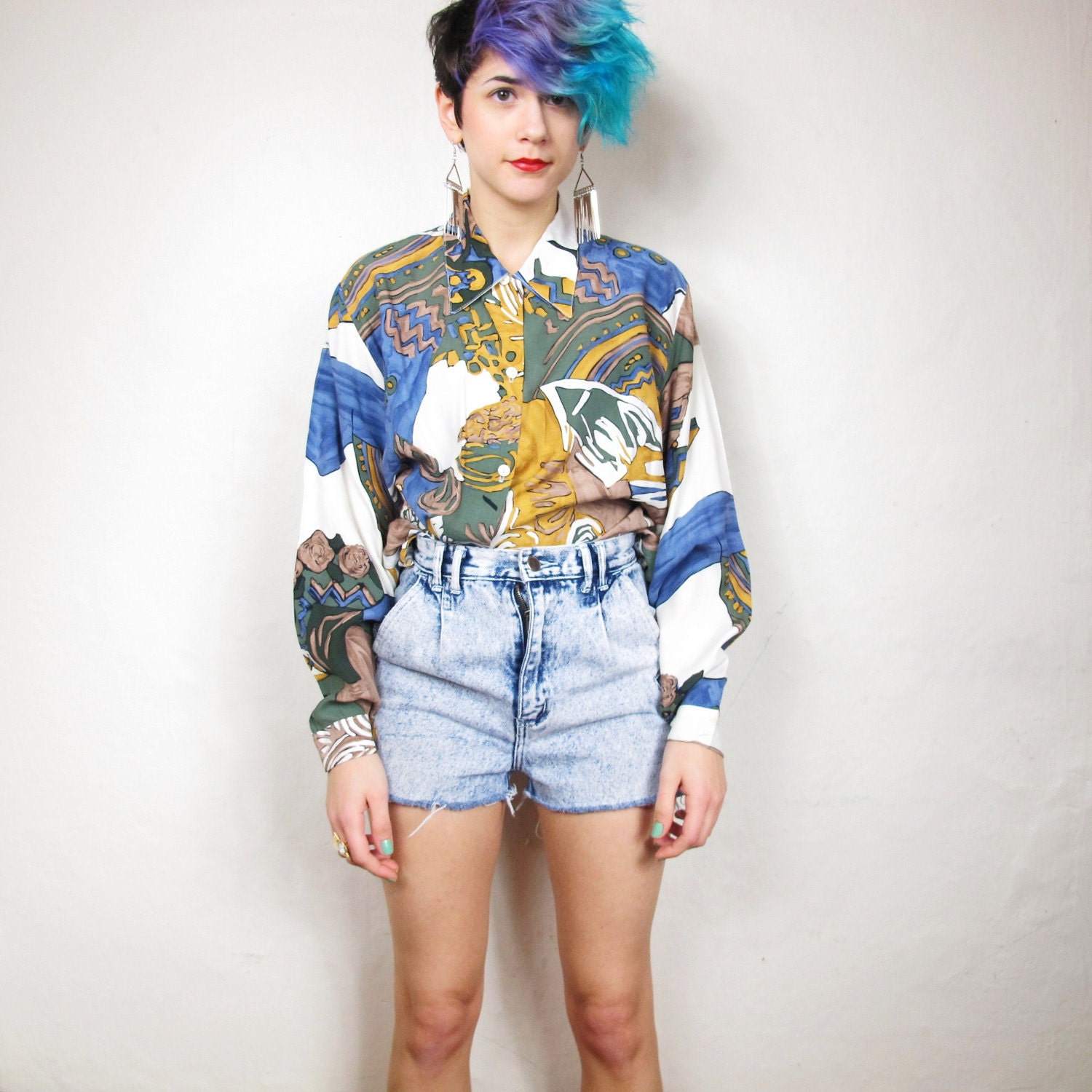 80s Abstract Soft Painterly Slouchy Blouse (M/L)