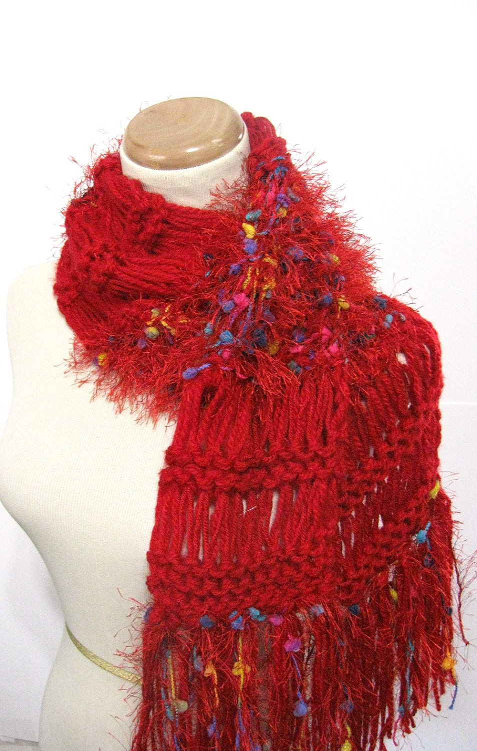 Sale Rainbow Red Hand Knit Scarf