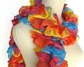Circus Rainbow Hand Knit Ruffled Scarf - Orange Turquoise Yellow Pink