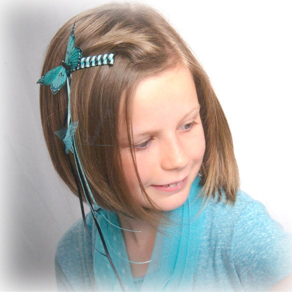 Butterfly Barrette  Blue Butterflies and woven ribbons