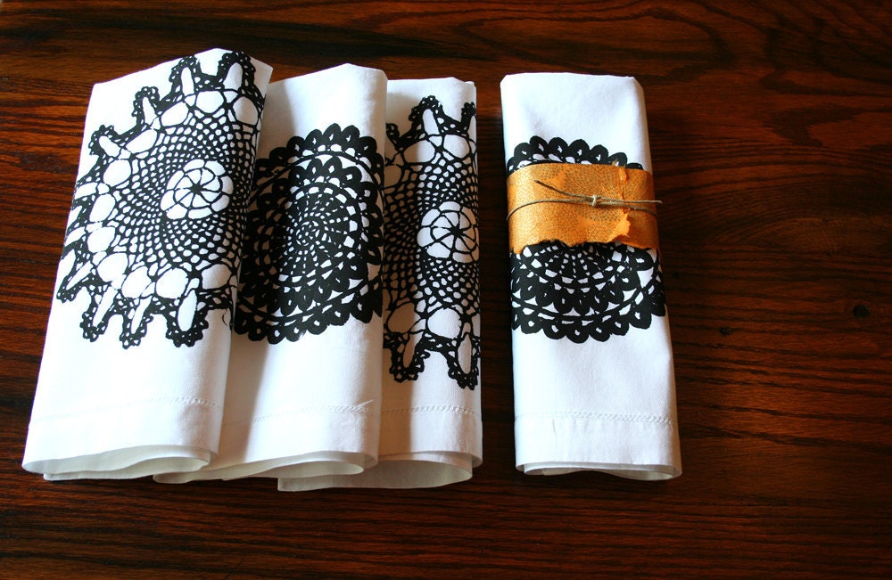 Sale. Linen Napkins. Doily Pattern. Screen Printed. Hemstitched Border.