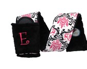 Personalized Camera Strap Cover Set in Elegant Black  Pink White Damask Black Minky