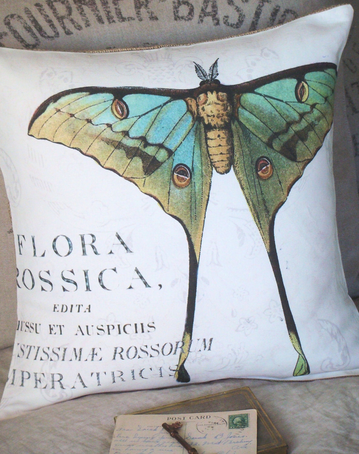 Cotton and Burlap Pillow Cover....the Moth