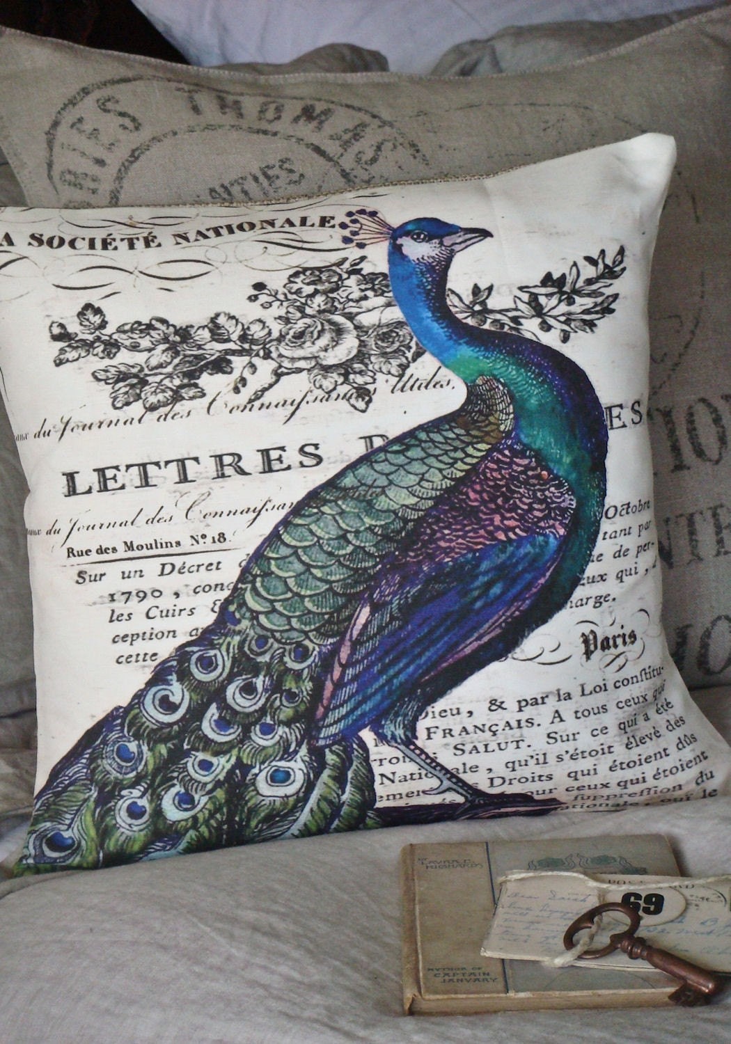 Pillow Cover...peacock pillow decorative cotton burlap pillows