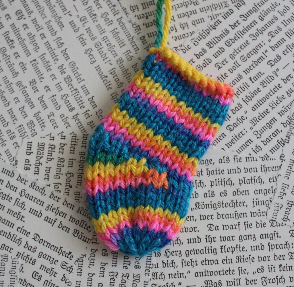 Rainbow Mini Hand Knit Christmas Stocking Ornament, regular length, by PrairieThreads