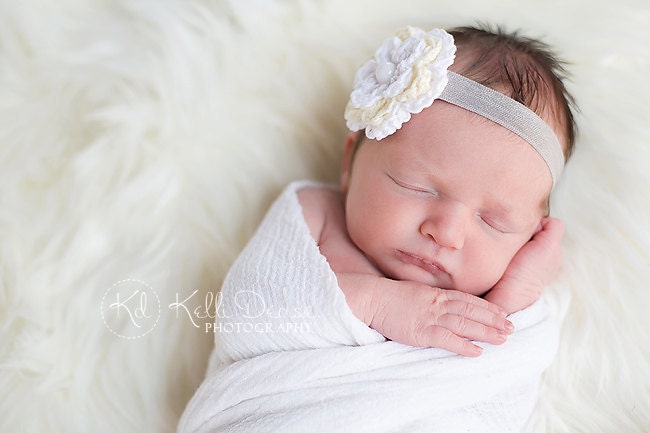 Crochet Baby Headband with Flower in White and Butter Cream on Grey Headband