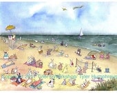 Funny Bunny Rabbit Greeting Card Watercolor Rabbit Art Beach Sea Painting Illustration Print 'BEACH BLANKET BUNNIES'