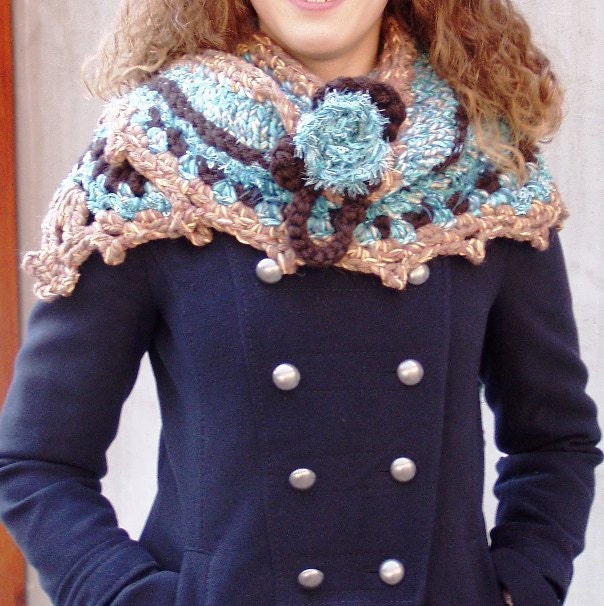 Moonstone Fashion freeform hand crocheted scarf capelet with tufted garnishee