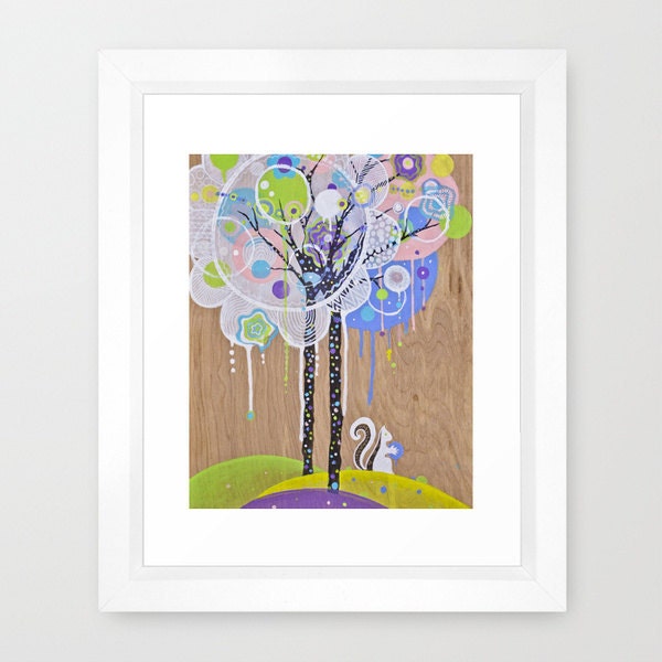 Nature Squirrel Art Trees Squirrels Wood Purple Lime White Black Blue Pink Circles Rain Kids Animals Pastels Home Decor Nursery Baby