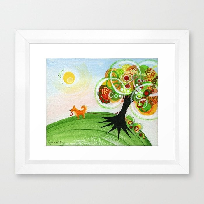 Pet Painting Holding On Tree Framed and Artist Signed Dogs Pets Colorful Sun Flowers Summer Grass Nature Hope Baby Kids Family