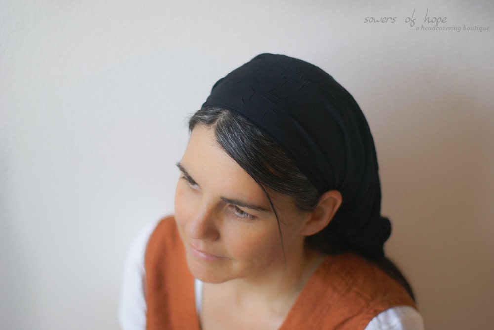 Long Prayer Veil --Traditional Head Covering for Dressy Occasion -- Black Crinkled Chiffon