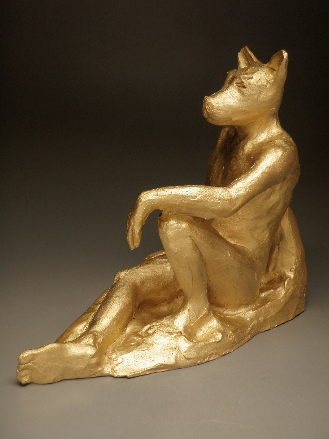 Golden Dog Man, Ceramic Male Nude Figure Sculpture Animal Head Art