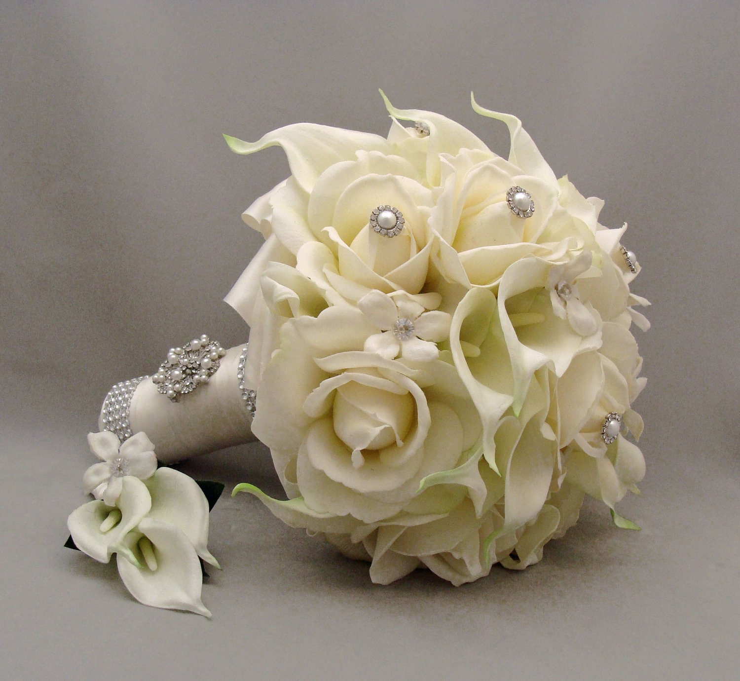 Silk Flower Bridal Bouquet Stephanotis Real Touch Roses Real Touch Calla Lilies with coordinating Groom's Boutonniere