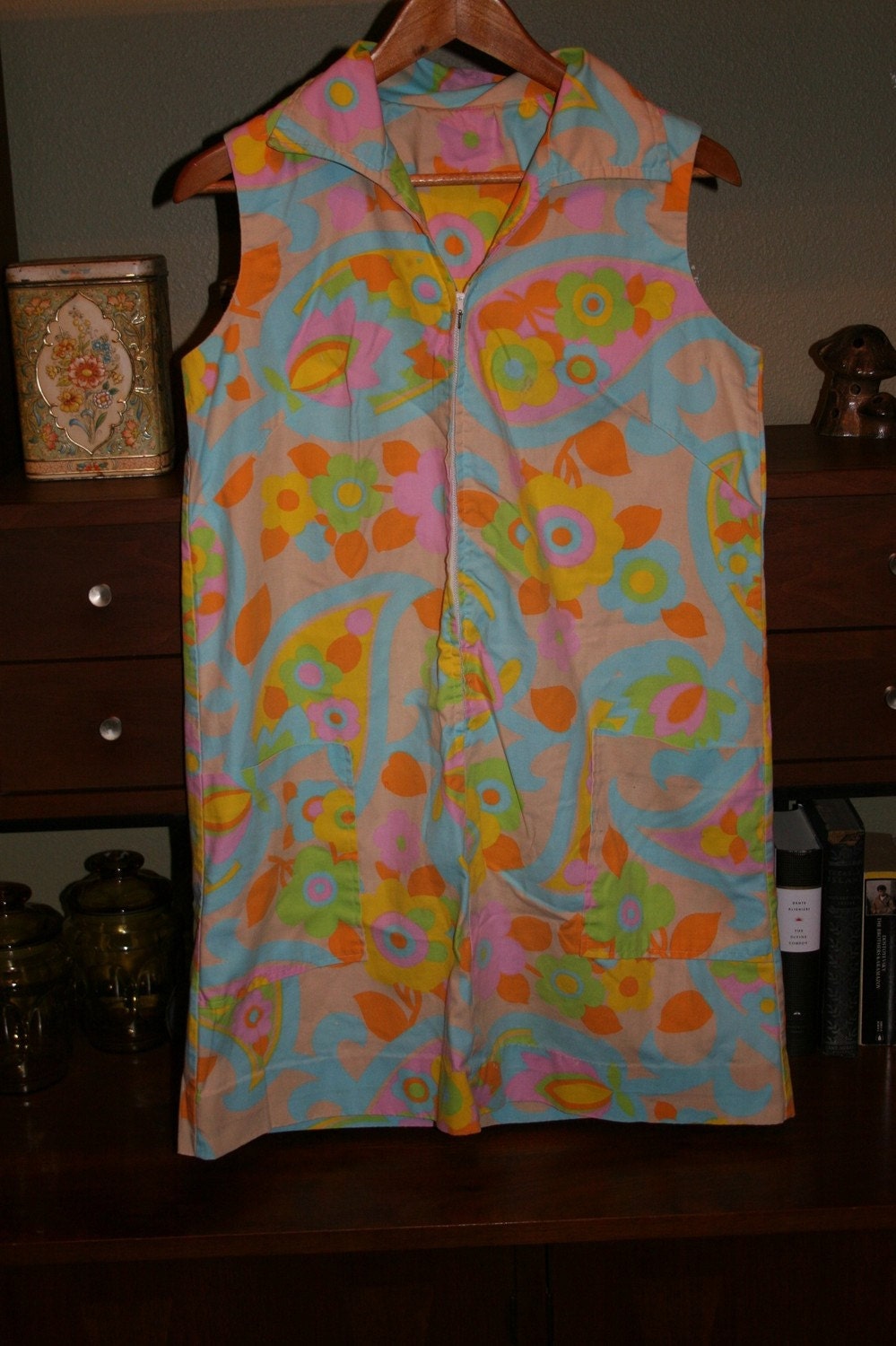 Vintage Shift Dress Retro Mod Short Tunic psychedelic yellow orange pastel pink blue Floral on natural canvas dress Women sz med-lg