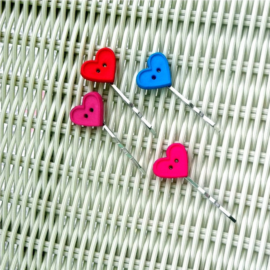 Bobby Pins Heart Buttons - Pink, Red, Teal, Magenta - SALE