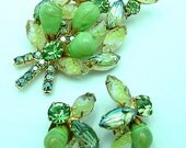 Vintage Juliana Brooch & Earrings Set Green Grape Two Tone Tiger Striped Demi Parure