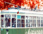 San Francisco art -  8x10 California Street Car photograph- red Autumn leaves print - green red white fine art photography
