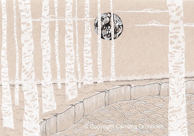 Birch Moon - Landscape Print, Scandinavian Fairy Tales Forest 6"x 8"