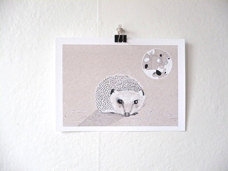 Moonbathing Hedgehog / Detailed Ink Drawing 6x8