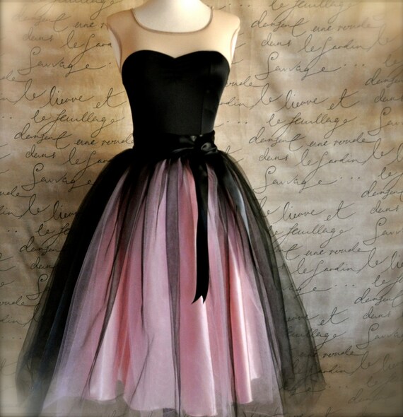 Black and pink  tutu skirt for women.  Ballet glamour. Retro look tulle skirt.