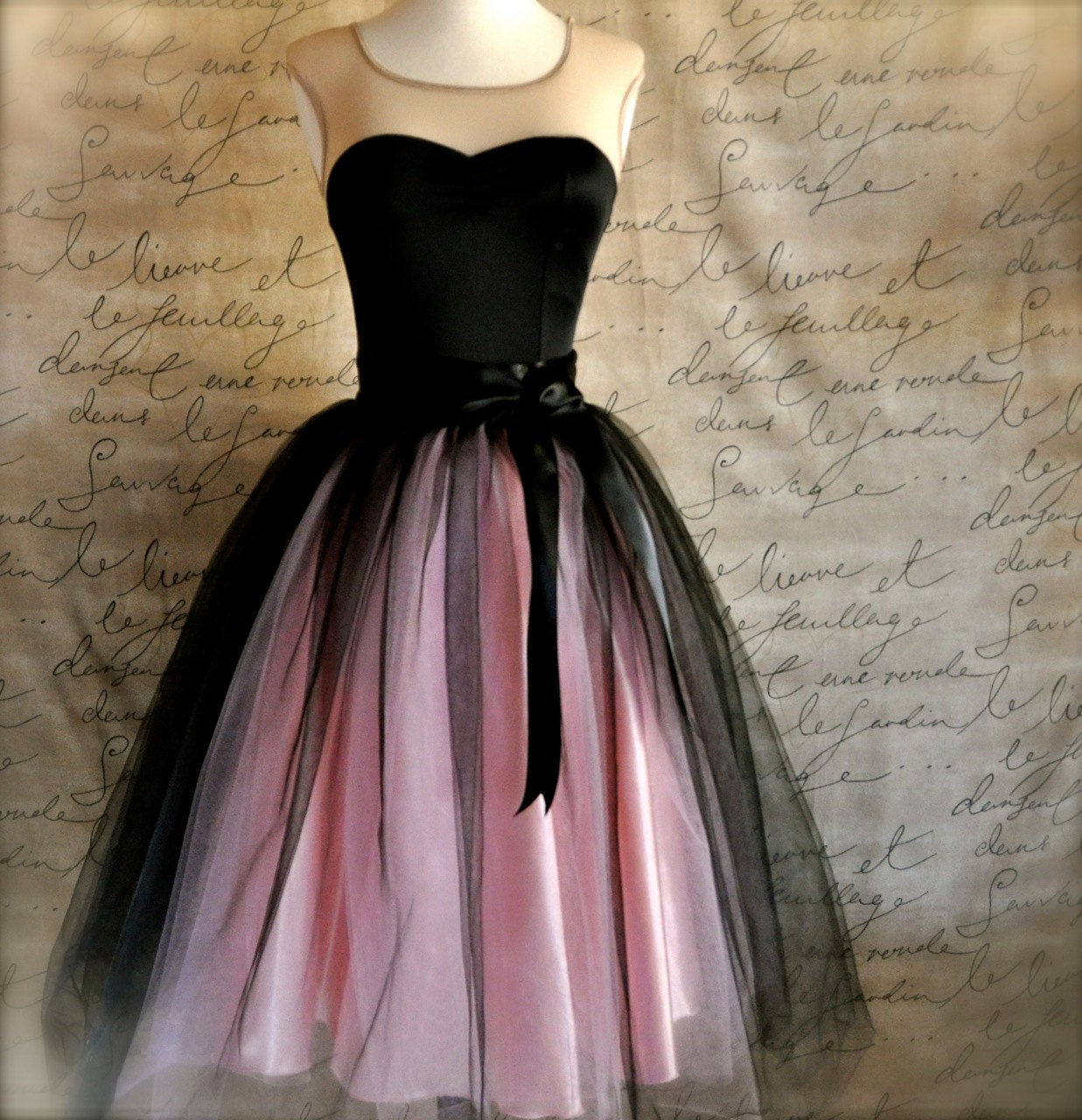 Black and pink tutu skirt for women. Ballet glamour. Retro look tulle skirt.