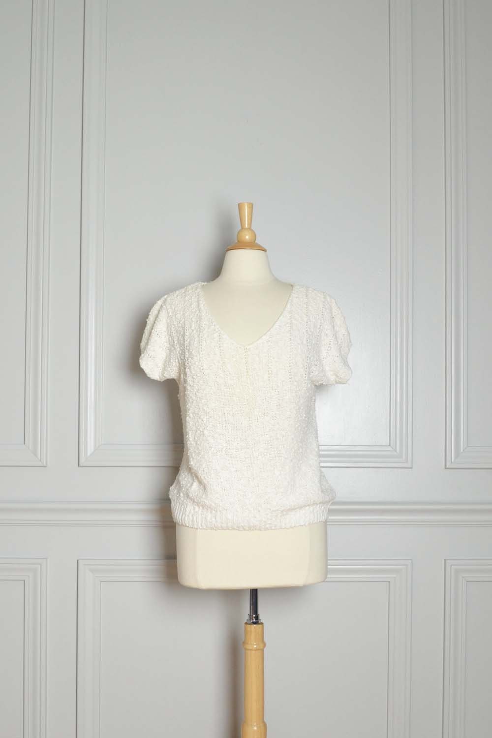 SWEATER SALE / V Neck Slouchy / White / Loose Knit Popcorn Ramie Linen / Short Sleeve / 80s Vintage / Medium M