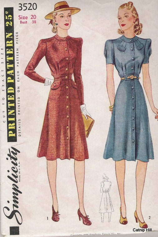 Simplicity 3520 Sz 38 Button Front Tailored Dress from 1940