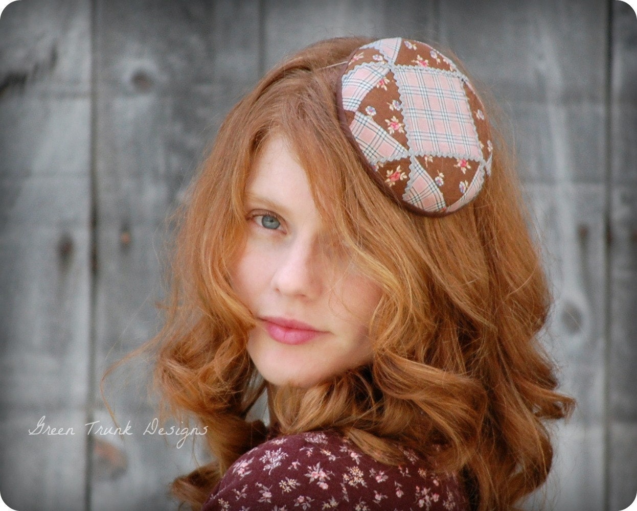 Mini Patchwork Fascinator Hat in Pink and Brown