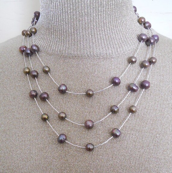 Pearl Necklace Triple Strand Sterling by DistJewelryDesigns