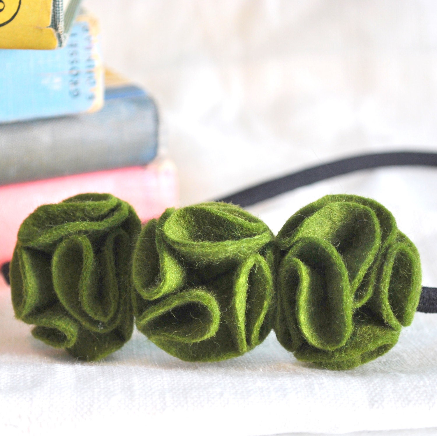 Green Flower Ruffle Headband - Moss Wool Felt - Olive Green Floral Statement Headband