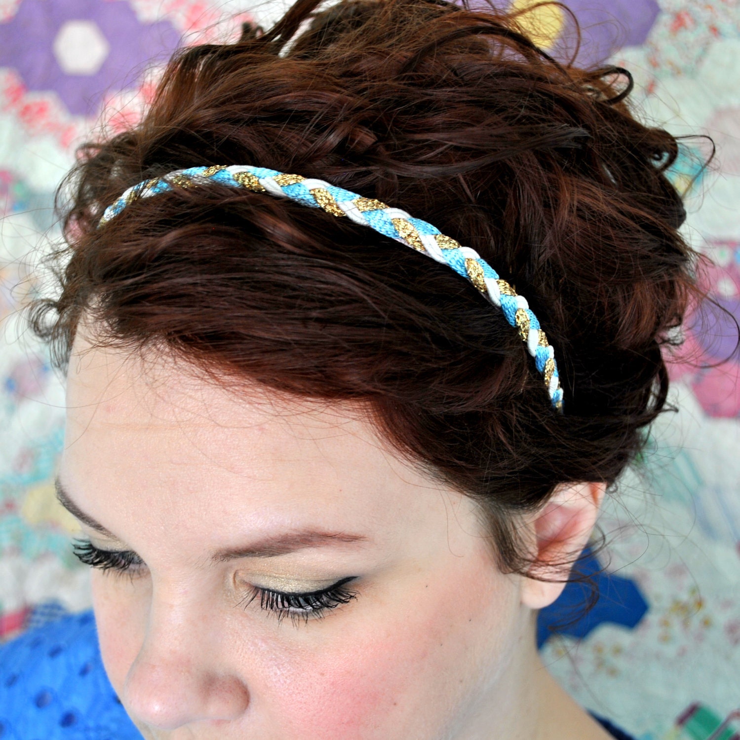 Blue, White and Gold Braided Headband - Vintage Ribbon - Limited Edition