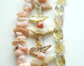 Triple Strand Bracelet, Vintage Carved Birds, Pink Opal, Citrine, Mother of Pearl, Bohemian Jewelry