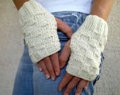 Cream Fingerless Gloves, Knit Mittens, Winter Accessories
