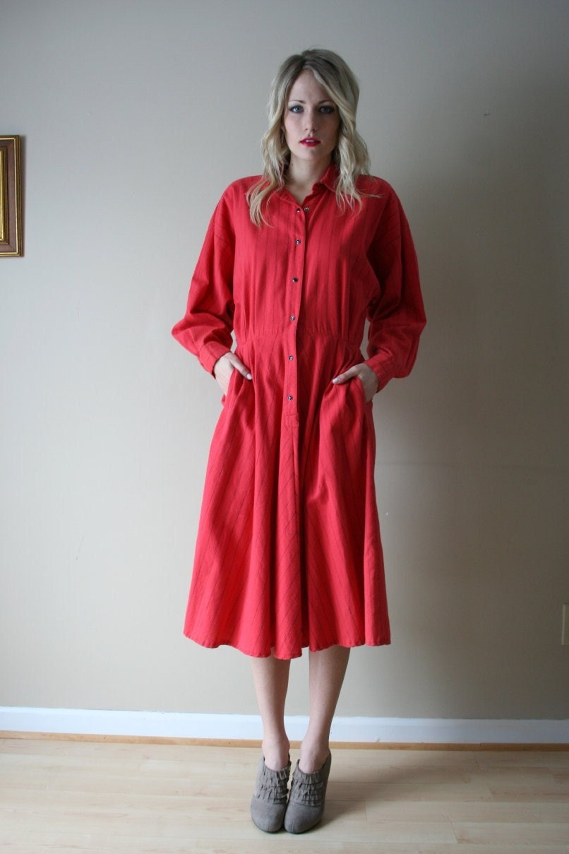 80s Shirt Dress / Valentines Day / Norma Kamali OMO Batwing Full Skirt Cotton Cozy Dress Size Small-Medium-Large sm med lg (0-2-4-6-8)