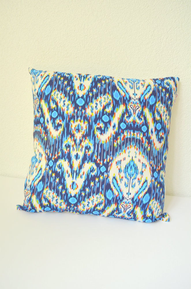 Throw Pillow Cover - Blue Ikat with Cream and a spot of Red