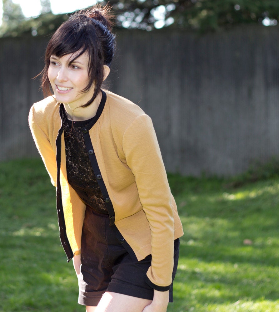 College cardigan - autumn yellow sweater with black trim, football game preppy style - small