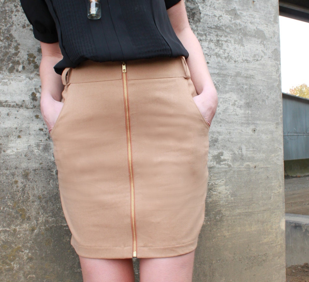 Pencil skirt mini - camel brown twill with high waist and pockets, winter fashion for women - small medium large