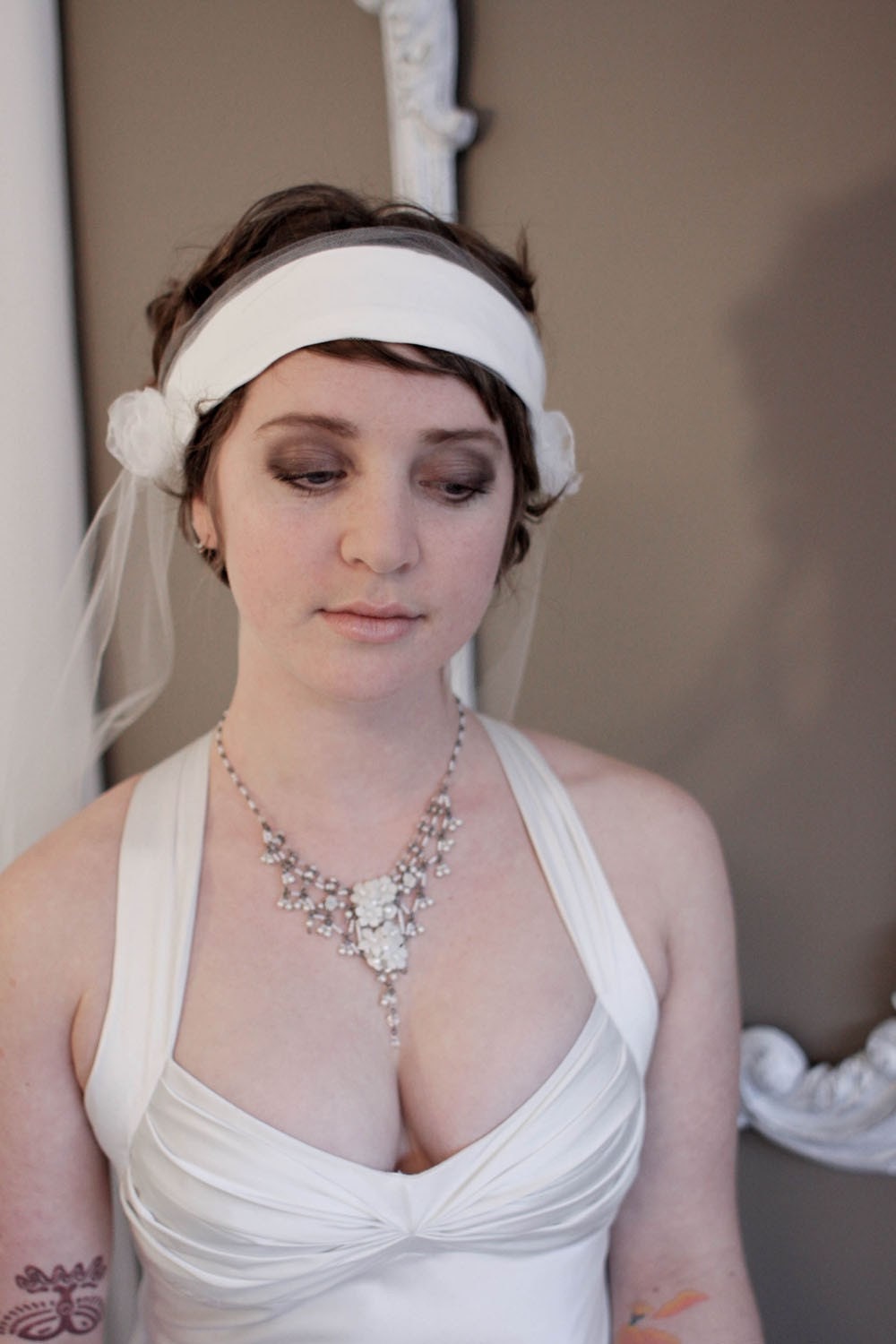 20's inspired poppy headband with grey and pink beading