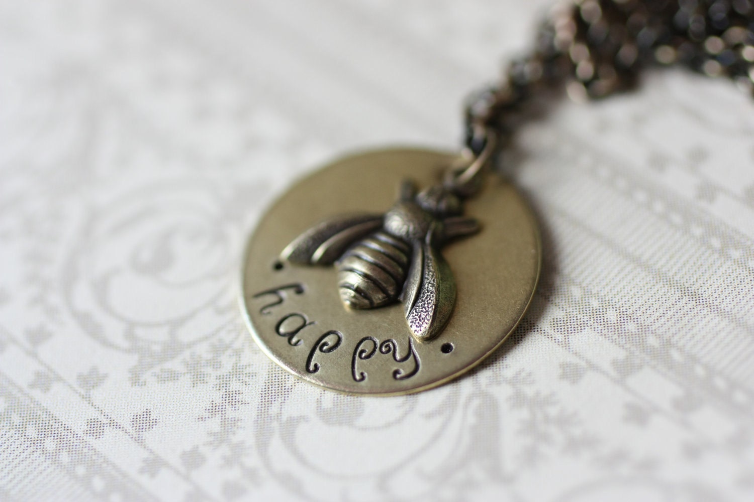 SALE - Bee Happy Handstamped Bronze Necklace, Garden Woodland Creature, Winged Bumblebee, Buzz