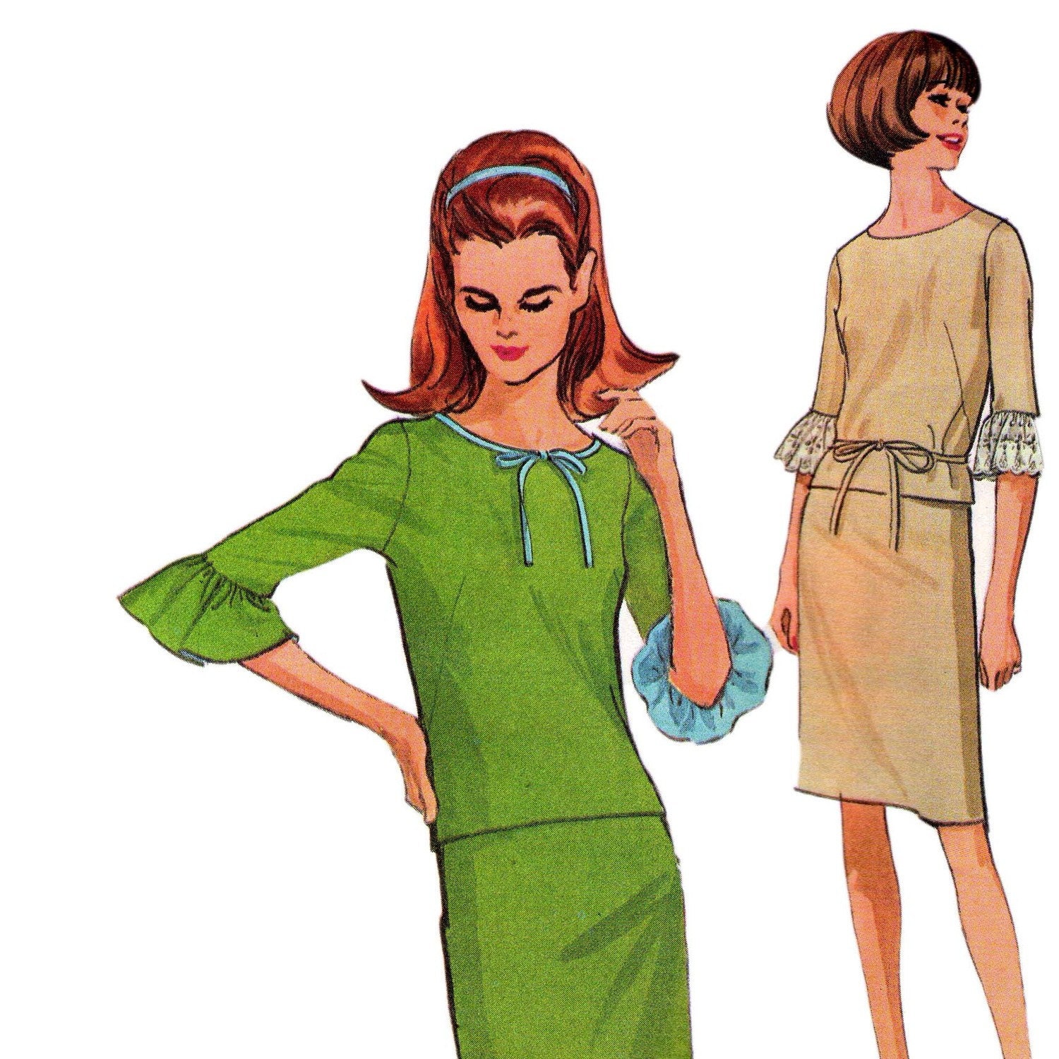 1960s Vintage sewing pattern Boho Top with ruffle sleeves & Skirt Size 14  Bust 34