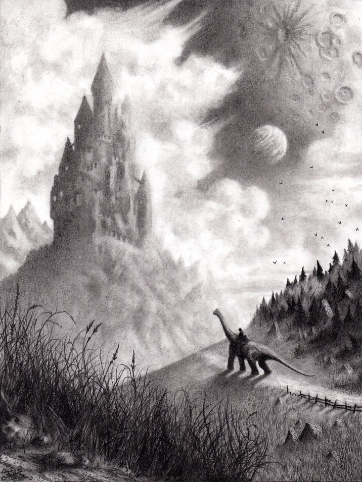Fantasy Art Dinosaur Castle Whimsical Pencil Drawing Art Print - Above the Stars - 8 x 10
