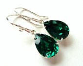 Emerald Green Crystal Earrings, Swarovski Rhinestone Pear Earrings, Sterling Silver Earrings, May Birthstone, Fashion