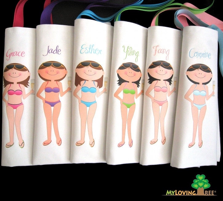 Personalized bridesmaids canvas beach tote gift bags summer wedding or bridal shower party or beach wedding give away favors